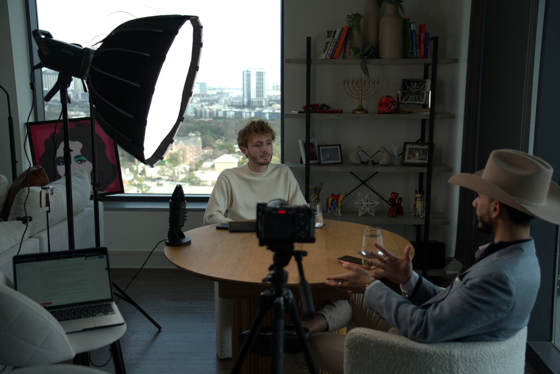 Round-table podcast interview being filmed in the studio